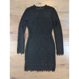 Lulus Black Lace Long Sleeve Mini Dress High Neck Eyelash Trim Small